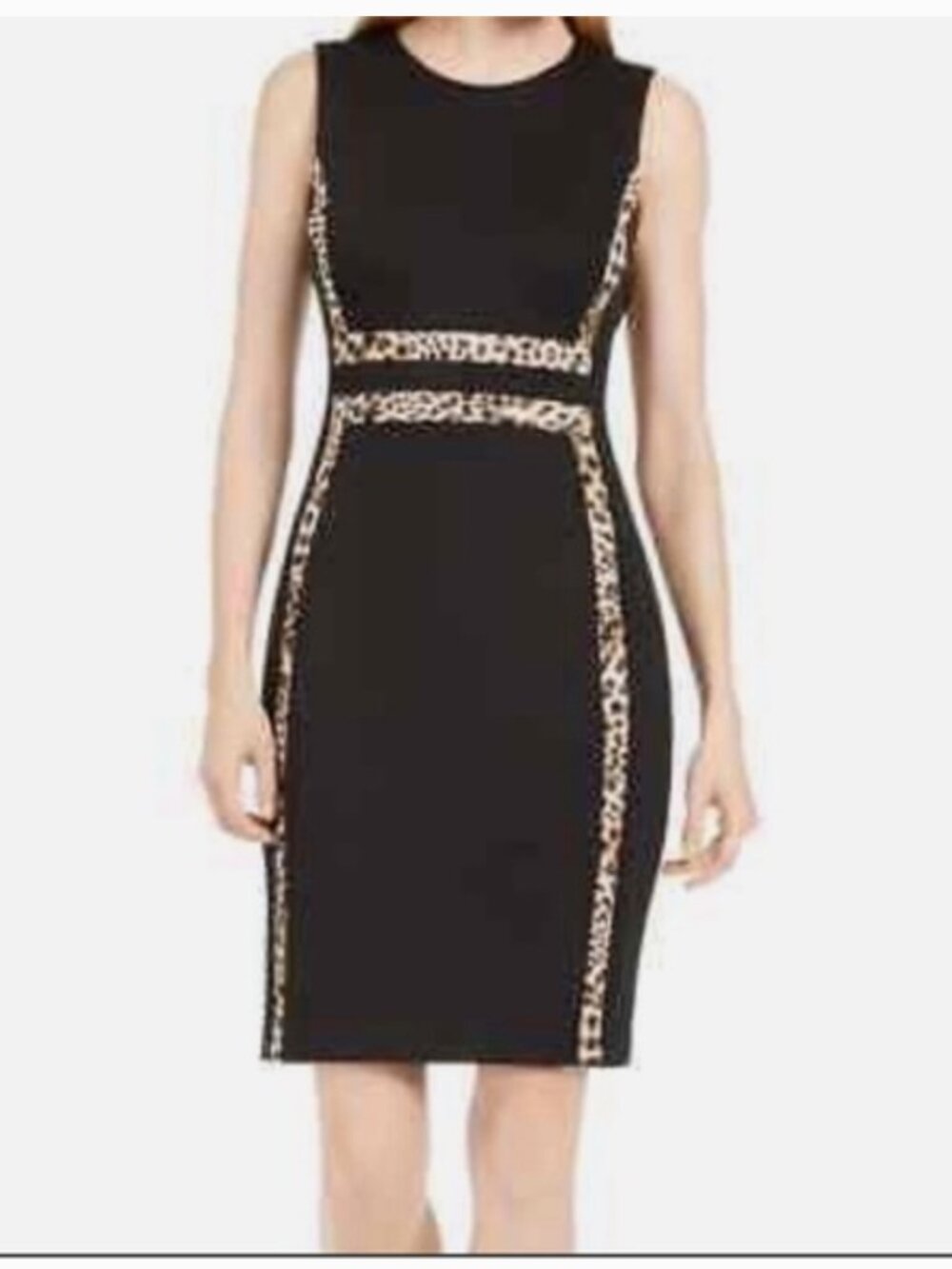 NWT Calvin Klein Black Leopard Scuba style Sheath Dress with Leopard Trim - Picture 3 of 15